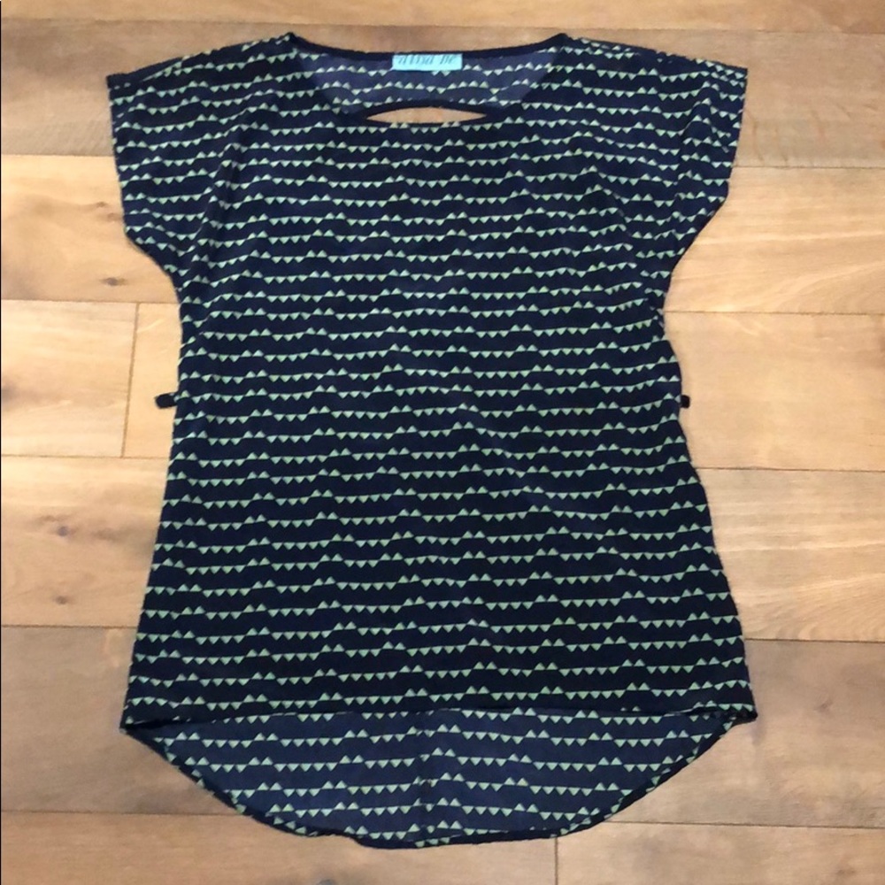 Navy and mint geometric top with cutout back